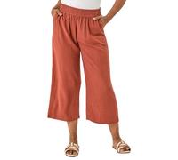 Roman Petite Linen Mix Wide Cropped Trousers for Women UK Ladies Spring Everyday Summer Break Elasticated Waist Comfy Pocket Detail Soft Lightweight Pants Vacation - Petite Rust - Size 14