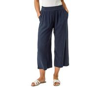 Roman Petite Linen Mix Wide Cropped Trousers for Women UK Ladies Spring Everyday Summer Break Elasticated Waist Comfy Pocket Detail Soft Lightweight Pants Vacation - Petite Navy - Size 8