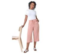 Roman Petite Linen Mix Wide Cropped Trousers for Women UK Ladies Spring Everyday Summer Break Elasticated Waist Comfy Pocket Detail Soft Lightweight Pants Vacation Culottes - Pink - Size 10
