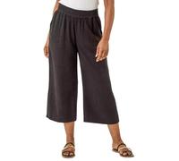 Roman Petite Linen Mix Wide Cropped Trousers for Women UK Ladies Spring Everyday Summer Break Elasticated Waist Comfy Pocket Detail Soft Lightweight Pants Vacation - Petite Noir - Size 14