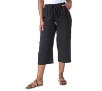Roman Petite Linen Mix Wide Cropped Trousers for Women UK Ladies Spring Everyday Summer Break Elasticated Waist Comfy Pocket Detail Soft Lightweight Pants Vacation Culottes - Black - Size 8