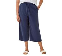 Roman Petite Linen Mix Wide Cropped Trousers for Women UK Ladies Spring Everyday Summer Break Elasticated Waist Comfy Pocket Detail Soft Lightweight Pants Vacation Culottes - Navy Plus - Size 18