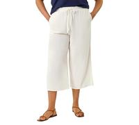 Roman Petite Linen Mix Wide Cropped Trousers for Women UK Ladies Spring Everyday Summer Break Elasticated Waist Comfy Pocket Detail Soft Lightweight Pants Vacation Culottes - White Plus - Size 22