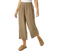 Roman Petite Linen Mix Wide Cropped Trousers for Women UK Ladies Spring Everyday Summer Break Elasticated Waist Comfy Pocket Detail Soft Lightweight Pants Vacation - Petite Khaki - Size 12