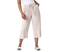 Roman Petite Linen Mix Wide Cropped Trousers for Women UK Ladies Spring Everyday Summer Break Elasticated Waist Comfy Pocket Detail Soft Lightweight Pants Vacation Culottes - Stone - Size 14