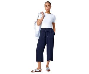 Roman Petite Linen Mix Wide Cropped Trousers for Women UK Ladies Spring Everyday Summer Break Elasticated Waist Comfy Pocket Detail Soft Lightweight Pants Vacation - Navy - Size 18