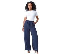 Roman Petite Linen Mix Wide Leg Trouser for Women UK - Ladies Everyday Holiday Spring Summer Comfy Soft Evening Vacation Work Party - Navy - Size 16