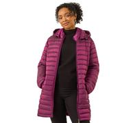 Roman Originals Women Padded Longline Coat with Hood - Ladies Zip Through Autumn Winter Long Length Lightweight Quilted Warm Cosy Everyday Zip Up Casual Jackets Coats - Petite Magenta - Size 14