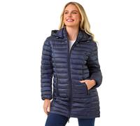Roman Originals Women Padded Longline Coat with Hood - Ladies Zip Through Autumn Winter Long Length Lightweight Quilted Warm Cosy Everyday Zip Up Casual Jackets Coats - Petite Metallic Navy - Size 8