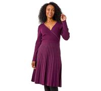 Roman Petite Metallic Pleat Knitted Dress for Women UK - Ladies Everyday Autumn Winter V-Neckline Comfy Soft Evening Vacation Work Party Night Out - Petite Plum - Size 18