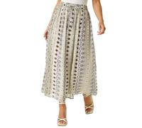 Roman Petite Metallic Print Tie Front Skirt for Women UK - Ladies Spring Everyday Summer Holiday Elasticated Waist Comfy Midi Length A-Line Office Business Skirts - Khaki White - Size 18