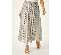 Roman Petite Metallic Print Tie Front Skirt for Women UK - Ladies Spring Everyday Summer Holiday Elasticated Waist Comfy Midi Length A-Line Office Business Skirts - Khaki White - Size 18