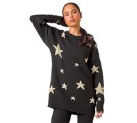 Roman Petite Metallic Star Print Jumper for Women UK - Ladies Autumn Everyday Winter Holiday Round Neckline Comfy Long Sleeve Soft Drop Shoulder Top Desk to Dinner Sweaters - Petite Black - Size 18