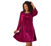 Roman Petite Neck Trim Velvet Dress for Women UK - Ladies Autumn Everyday Winter Holiday Round Neckline Comfy Long Sleeve Soft Knee Length Frock Dinner Date Gowns - Petite Fuchsia - Size 16