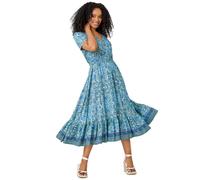 Roman Originals Shirred Waist Dress for Women UK Ladies Midi Maxi Summer Spring Tiered Frill Hem Empire Waist Short Sleeve V Neck Gathered Skirt Bohemian Holiday - Petite Paisley Blue - Size 18