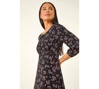 Roman Petite Paisley Print Tie Front Dress In Black Black 10