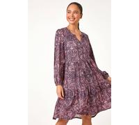 Roman Petite Linear Print Tiered Stretch Dress for Women UK - Ladies Autumn Everyday Winter Holiday V-Neckline Comfy Long Sleeve Soft Button Front Frock Day Date Gowns - Navy - Size 14