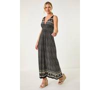 Roman Originals Maxi Dress for Women UK Ladies Twist Knot Front Empire Waist Summer Party Casual Holiday Bohemian Beach Cruise Evening Long Sleeveless V Neck Jersey - Petite Noir Palm - Size 20