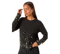 Roman Petite Pearl Gradient Detail Jumper for Women UK - Ladies Everyday Autumn Winter Round Neckline Comfy Soft Evening Vacation Work Party Night Out - Petite Black - Size ONE