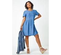 Roman Originals Petite Pocket Detail Denim Dress for Women UK - Ladies Everyday Holiday Spring Summer Round Neckline Comfy Soft Evening Vacation Work Party - Blue - Size 10