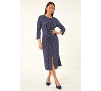 Roman Fit and Flare Dress for Women Ladies Chest Twist Knot Ruched Tea Skater Empire Waist Wedding Guest Smart Casual Swing Midi 3/4 Long Sleeve Knee Length - Petite Spot Navy - Size 14