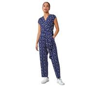 Roman Petite Polka Dot Stretch Jumpsuit for Women UK - Ladies Everyday Autumn Winter V-Neckline Comfy Soft Evening Vacation Work Party Night Out - Petite Polka Navy - Size 10