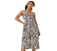 Roman Petite Print Button Through Pocket Dress for Women UK - Ladies Everyday Holiday Spring Summer V-Neckline Comfy Soft Evening Vacation Work Party - Petite Black - Size 18