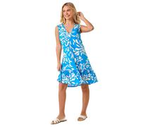 Roman Petite Print Cut Out Back Tiered Dress for Women UK - Ladies Spring Everyday Summer Holiday V-Neckline Comfy Sleeveless Soft Fit & Flare Frock Knee Length Gowns - Blue - Size 16