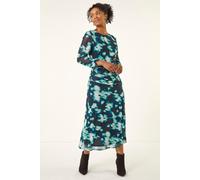 Roman Women's Petite Print Mesh Ruched Midi Dress in Teal | Size: 14 Roman Teal 14