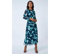 Roman Petite Print Mesh Ruched Midi Dress In Teal Teal 16