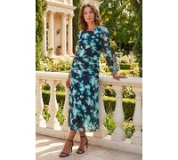 Roman Women's Petite Print Mesh Ruched Midi Dress in Teal | Size: 12 Roman Teal 12