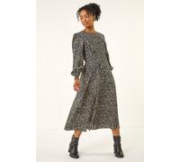 Roman Petite Print Shirred Midi Dress In Black Black 8