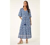 Roman Petite Print Tassel Tie Waist Midi Dress In Blue Blue