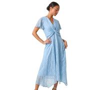 Roman Petite Print Twist Front Dobby Midi Dress for Women UK - Ladies Everyday Autumn Winter V-Neckline Comfy Soft Evening Vacation Work Party Night Out - Petite Blue - Size 12