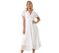 Roman Petite Print Twist Front Dobby Midi Dress for Women UK - Ladies Everyday Autumn Winter V-Neckline Comfy Soft Evening Vacation Work Party Night Out - Petite White - Size 14