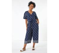 Roman Women's Petite Print V-Neck Cropped Jumpsuit in Navy | Size: 10 Roman Navy 10