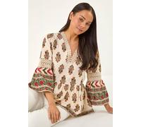 Roman Petite Print V-Neck Lace Top In Ivory Ivory 10