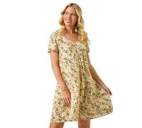 Roman Petite Print V-Neck Swing Pocket Dress for Women UK - Ladies Everyday Holiday Spring Summer V-Neckline Comfy Soft Evening Vacation Work Party - Petite Stone - Size 16