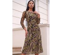 Roman Women's Petite Printed Mesh Ruched Midi Dress in Green | Size: 16 Roman Green 16