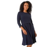 Roman Petite Ribbed Tie Waist Detail Dress for Women UK - Ladies Everyday Autumn Winter Round Neckline Comfy Soft Evening Vacation Work Party Night Out - Petite Navy - Size 16