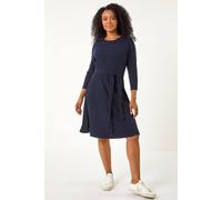 Roman Petite Ribbed Tie Waist Detail Dress for Women UK - Ladies Everyday Autumn Winter Round Neckline Comfy Soft Evening Vacation Work Party Night Out - Petite Navy - Size 16