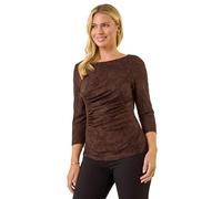 Roman Petite Ruched Side Jacquard Top for Women UK - Ladies Everyday Autumn Winter Round Neckline Comfy Soft Evening Vacation Work Party Night Out - Petite Chocolate - Size 14