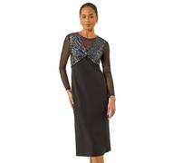 Roman Petite Sequin Contrast Knot Midi Dress for Women UK - Ladies Everyday Autumn Winter Round Neckline Comfy Soft Evening Vacation Work Party Night Out - Petite Black - Size 14
