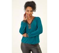 Roman Petite Sequin Trim Blouson Top for Women UK - Ladies Everyday Autumn Winter V-Neckline Comfy Soft Evening Vacation Work Party Night Out - Petite Teal - Size 18