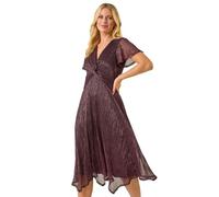 Roman Petite Shimmer Twist Front Midi Dress for Women UK - Ladies Everyday Autumn Winter V-Neckline Comfy Soft Evening Vacation Work Party Night Out - Petite Pink - Size 18