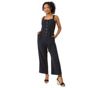 Roman Petite Sleeveless Linen Blend Jumpsuit for Women UK - Ladies Spring Everyday Summer Holiday Bandeau Neckline Comfy Strappy Soft Button Detail Playsuits - Black - Size 18