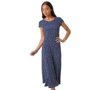 Roman Petite Spot Print Crinkle Midi Dress for Women UK - Ladies Spring Everyday Summer Holiday Comfy Short Sleeve Soft Fit & Flare Frock Office Business Gowns - Navy - Size 16