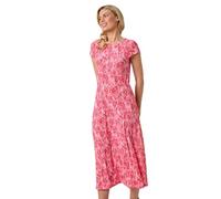 Roman Petite Spot Print Crinkle Midi Dress for Women UK - Ladies Spring Everyday Summer Holiday Round Neckline Comfy Short Sleeve Soft Fit & Flare Frock Office Business Gowns - Pink - Size 14