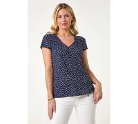Roman Petite Spot Print Crinkle V-Neck Top In Navy Navy 18