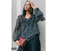 Roman Petite Spot Print Frill Top In Black Black 10